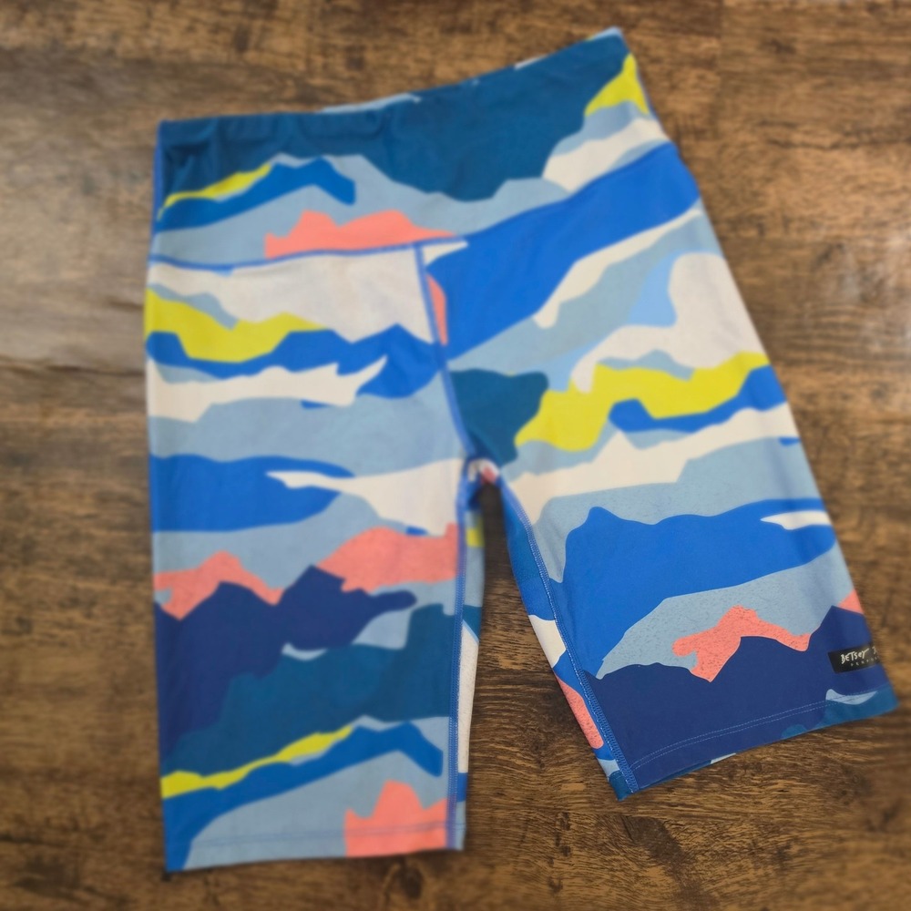 BETSEY JOHNSON Biker Shorts Womens M Blue Camo High Waist Athletic Cycling